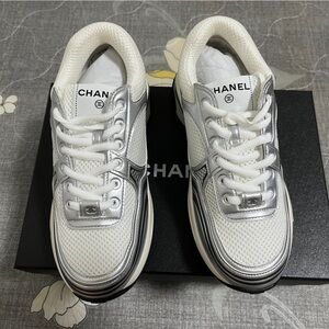 Chanel White and Silver Sneakers